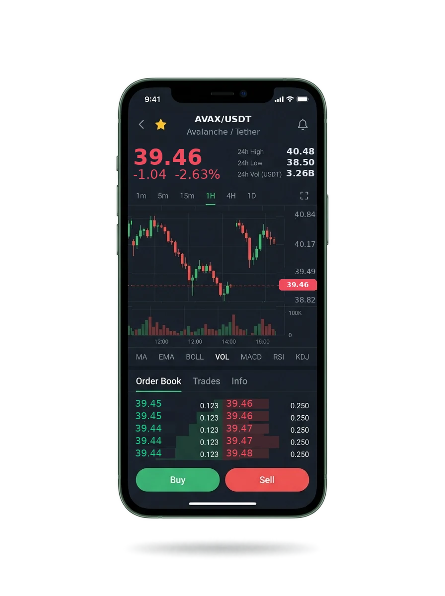 The Kestrel Spartix mobile app showing a watchlist, a signal card and an account balance